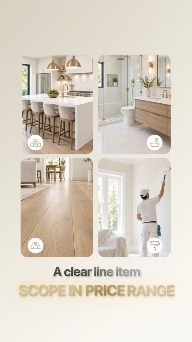 Remodeling ad example showing kitchen, bathroom, flooring, and painting work in a grid