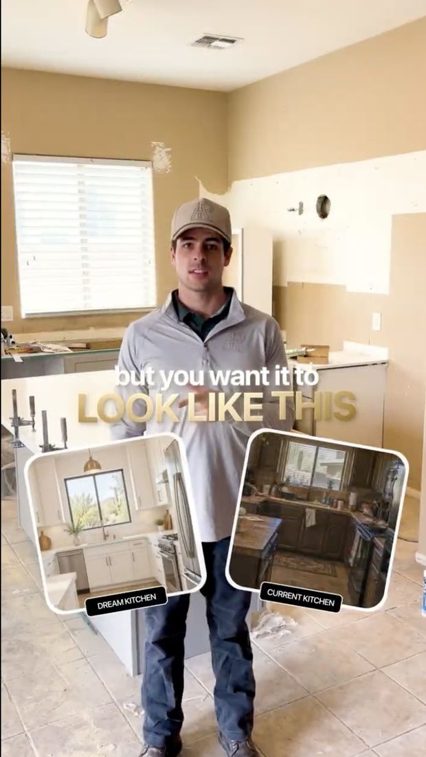Remodeling ad example showing a contractor in a gutted kitchen with before-and-after comparison cards